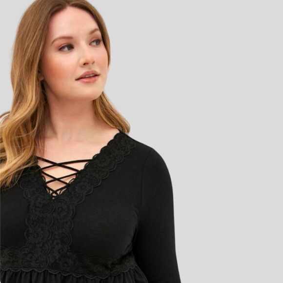 TORRID PLUS SIZE Black Babydoll Super Soft V-Neck Lace-up Lace Trim Top. 2X - Picture 6 of 16